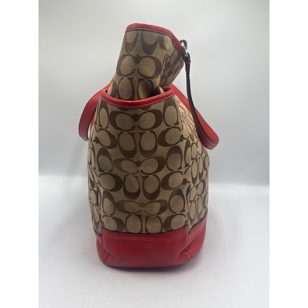 Coach Taylor Signature Tote Khaki Red Leather Trim Shoulder Bag F23295 - Picture 4 of 8